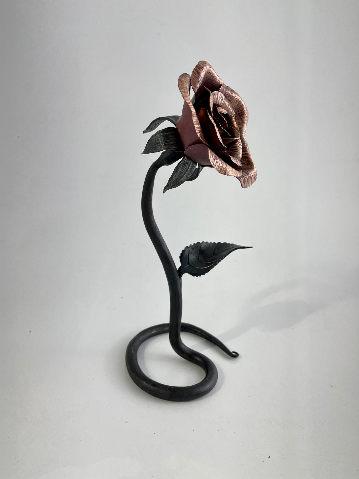 Copper and steel rose with scrolled base